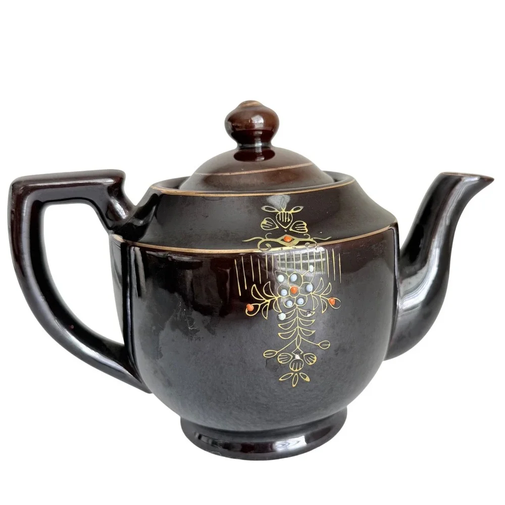 Japan Teapot Vintage Dark Brown Moriage Floral Gold Gilt Ceramic 5.5in 1940s
